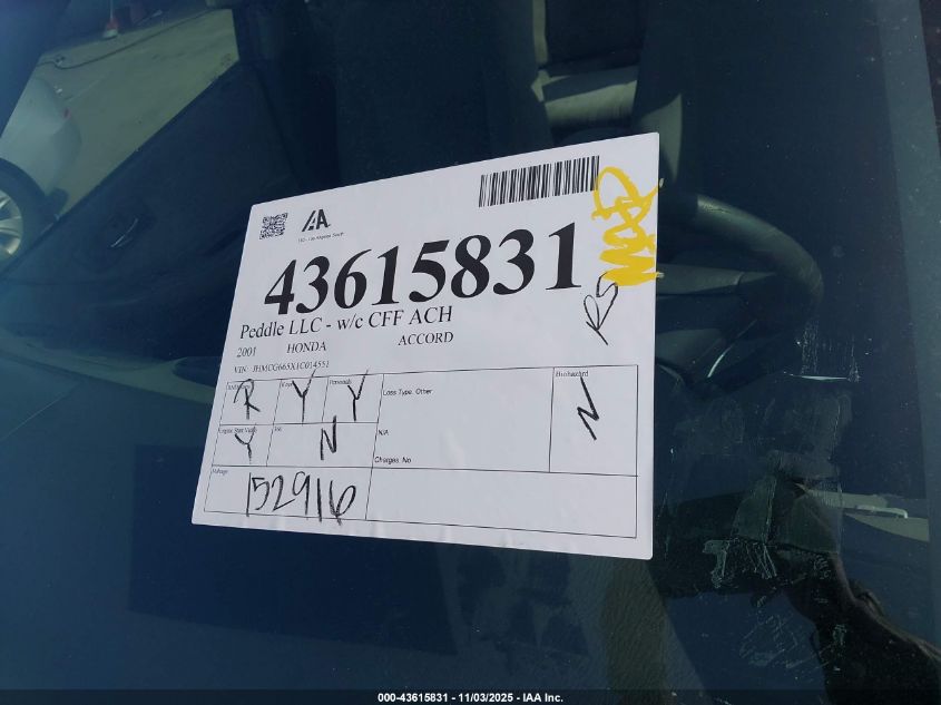2001 Honda Accord 2.3 Lx VIN: JHMCG665X1C014551 Lot: 43615831