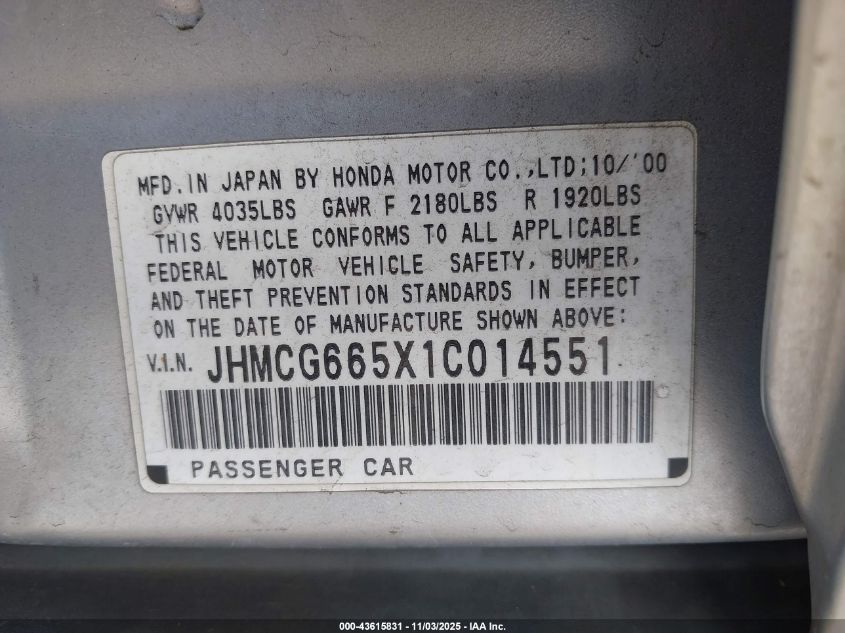 2001 Honda Accord 2.3 Lx VIN: JHMCG665X1C014551 Lot: 43615831