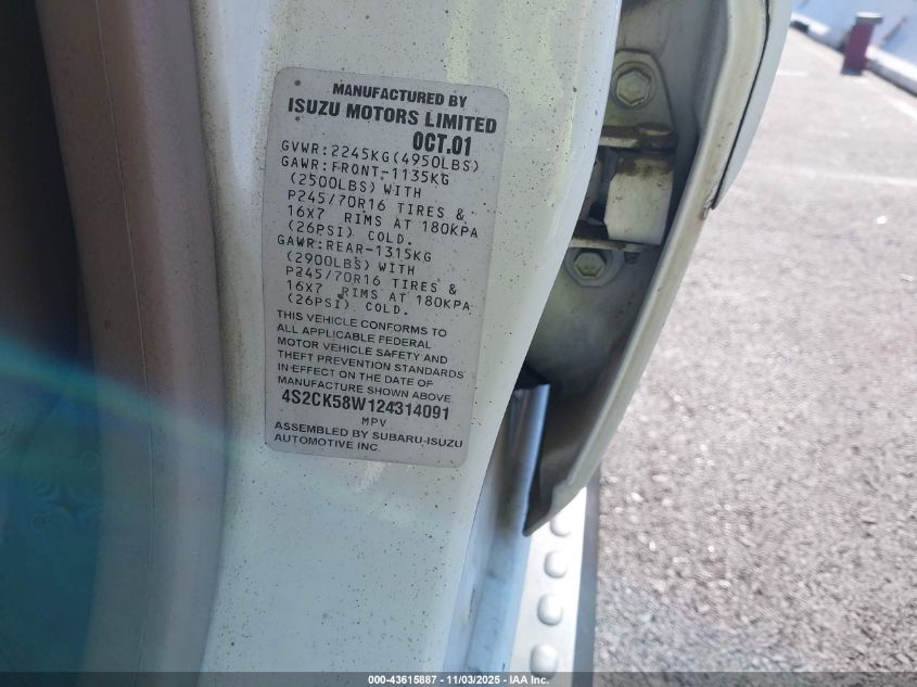 2002 Isuzu Rodeo Ls 3.2L V6/Lse 3.2L V6/S 3.2L V6 VIN: 4S2CK58W124314091 Lot: 43615887