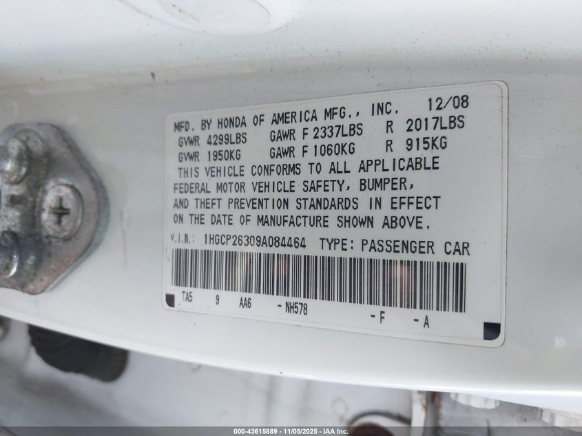 1HGCP26309A084464 2009 HONDA ACCORD photo no. 9
