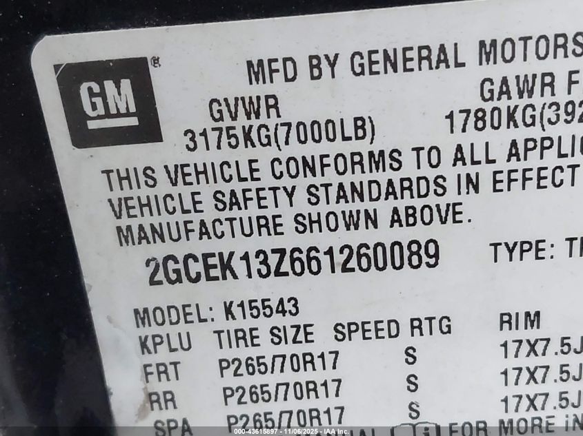 2006 Chevrolet Silverado 1500 Lt1 VIN: 2GCEK13Z661260089 Lot: 43615897