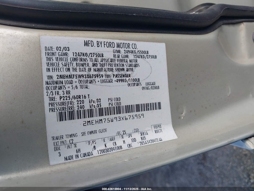 2003 Mercury Grand Marquis Ls VIN: 2MEHM75W93X675959 Lot: 43615904