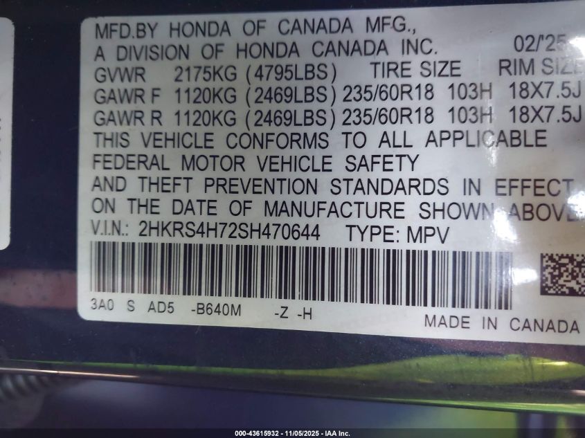 2025 HONDA CR-V EX-L AWD 2HKRS4H72SH470644