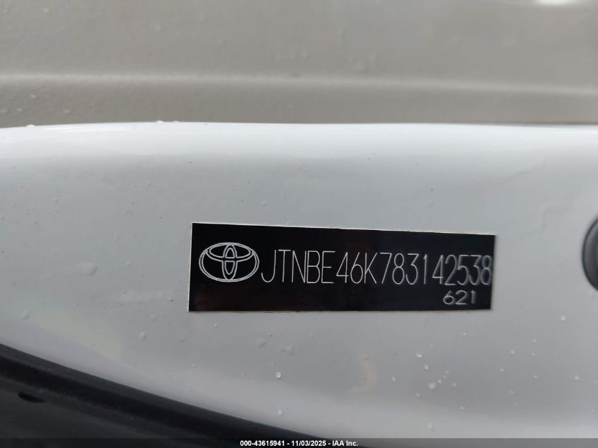 2008 Toyota Camry Le VIN: JTNBE46K783142538 Lot: 43615941