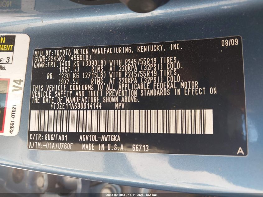 2009 Toyota Venza VIN: 4T3ZE11A69U014144 Lot: 43616041