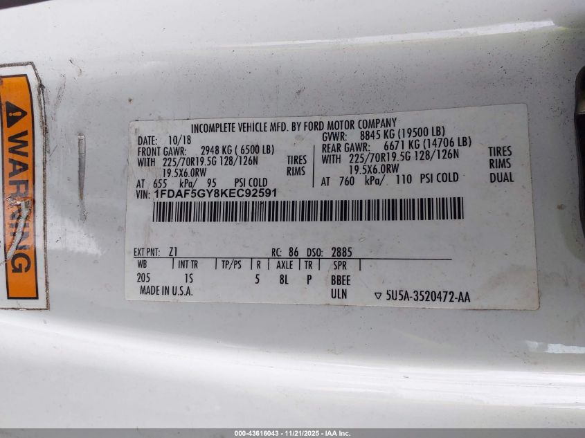 2019 Ford F-550 Chassis Xl VIN: 1FDAF5GY7KEC92591 Lot: 43616043