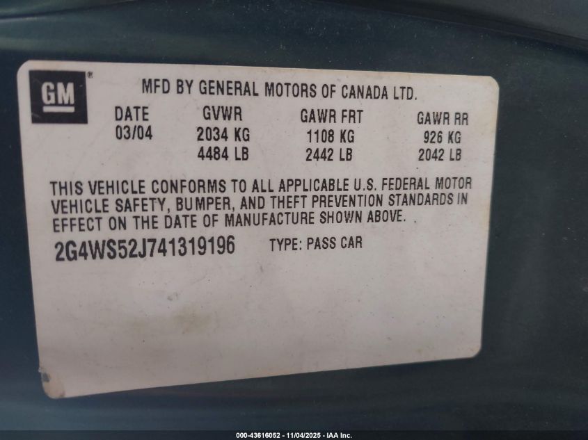 2004 Buick Century VIN: 2G4WS52J741319196 Lot: 43616052