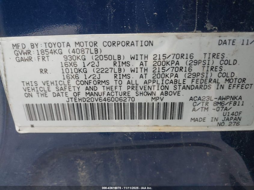 2004 Toyota Rav4 VIN: JTEHD20V646006270 Lot: 43616078