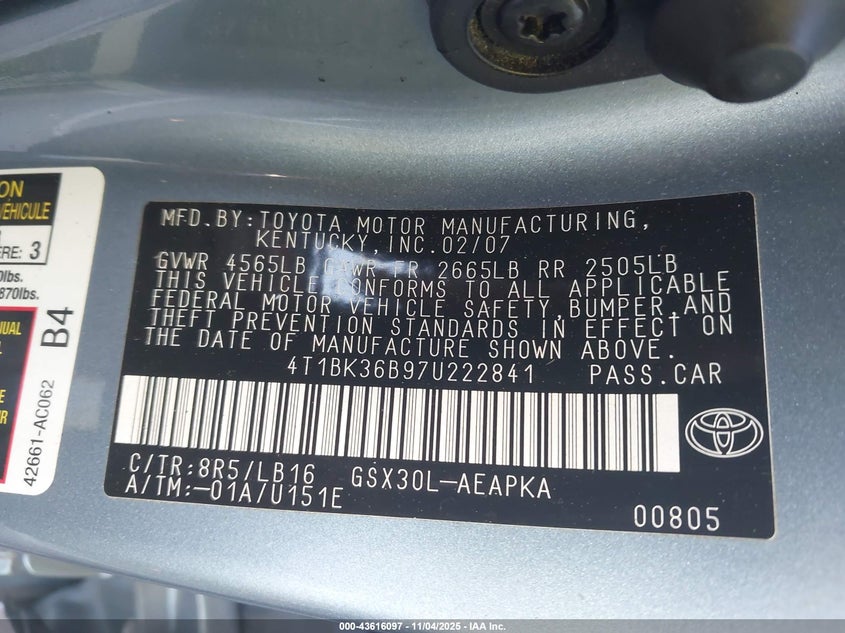 2007 Toyota Avalon Limited VIN: 4T1BK36B97U222841 Lot: 43616097