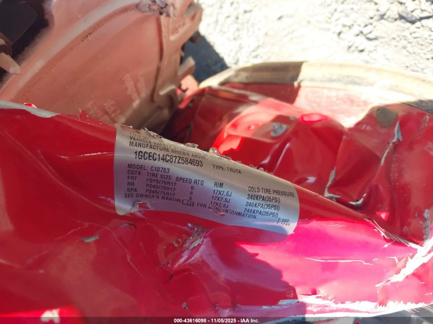 2007 Chevrolet Silverado 1500 Work Truck VIN: 1GCEC14C87Z584693 Lot: 43616098