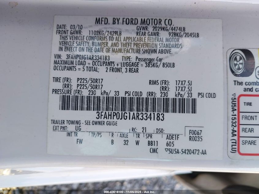 2010 Ford Fusion Sel VIN: 3FAHP0JG1AR334183 Lot: 43616100