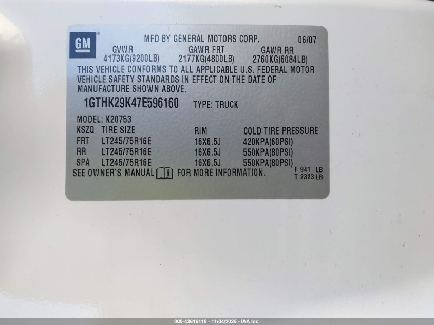 2007 GMC Sierra 2500Hd Work Truck VIN: 1GTHK29K47E596160 Lot: 43616118