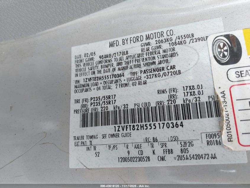 2005 Ford Mustang Gt Deluxe/Gt Premium VIN: 1ZVFT82H555170364 Lot: 43616120