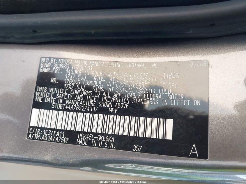 2006 Toyota Sequoia Sr5 VIN: 5TDBT44A76S274117 Lot: 43616131