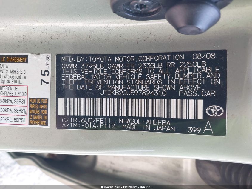 2009 Toyota Prius VIN: JTDKB20U597824310 Lot: 43616140