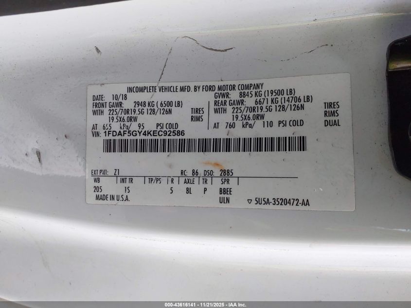 2019 Ford F-550 Chassis Xl VIN: 1FDAF5GY4KEC92586 Lot: 43616141