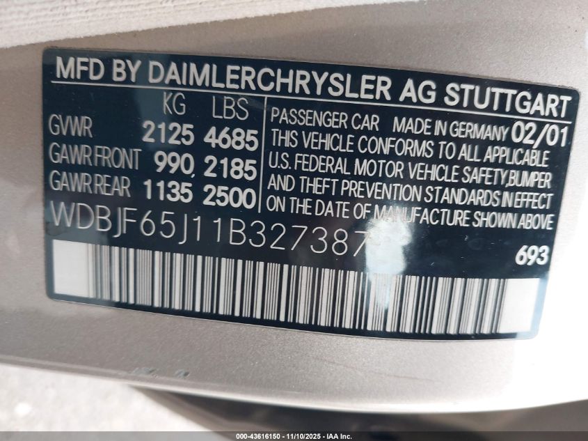 2001 Mercedes-Benz E 320 VIN: WDBJF65J11B327387 Lot: 43616150