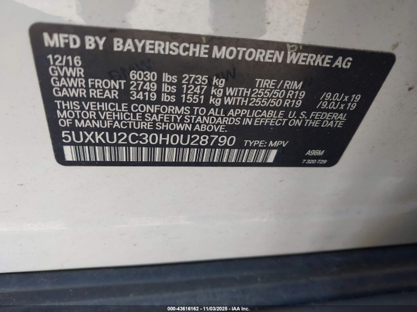 2017 BMW X6 xDrive35I VIN: 5UXKU2C30H0U28790 Lot: 43616162