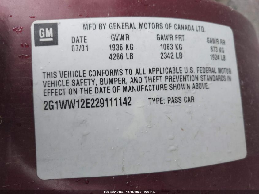 2002 Chevrolet Monte Carlo Ls VIN: 2G1WW12E229111142 Lot: 43616163