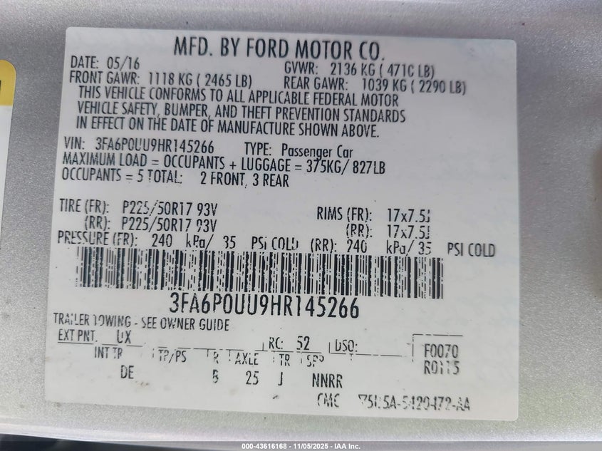 2017 FORD FUSION HYBRID S 3FA6P0UU9HR145266