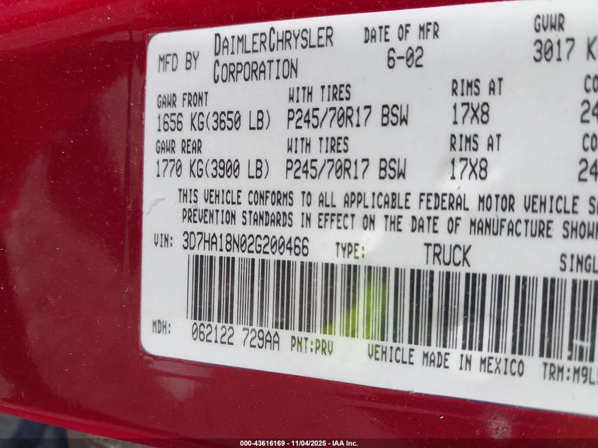 2002 Dodge Ram 1500 St VIN: 3D7HA18N02G200466 Lot: 43616169
