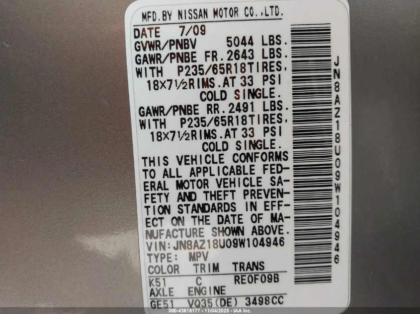 2009 Nissan Murano S VIN: JN8AZ18U09W104946 Lot: 43616177