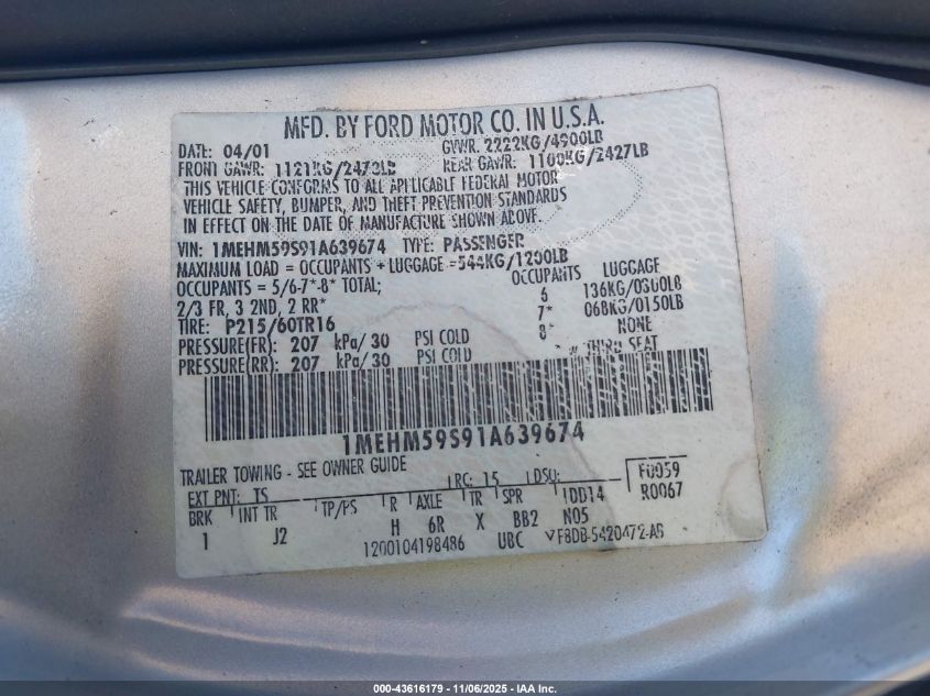 2001 Mercury Sable Ls Premium VIN: 1MEHM59S91A639674 Lot: 43616179