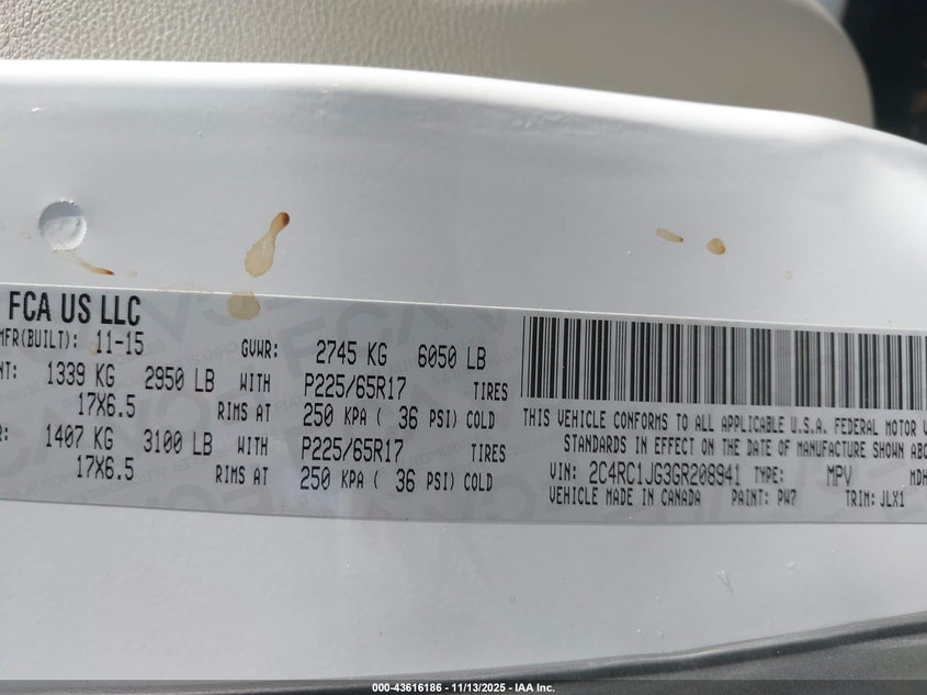 2016 Chrysler Town & Country Limited VIN: 2C4RC1JG3GR208941 Lot: 43616186