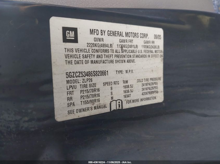 2006 Saturn Vue V6 VIN: 5GZCZ53486S820661 Lot: 43616224