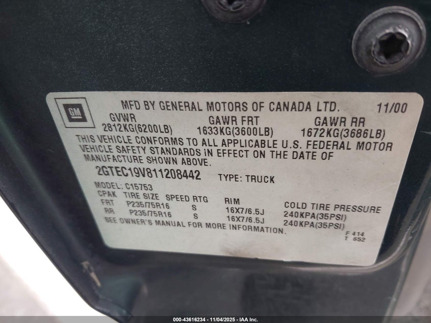 2001 GMC Sierra 1500 Sle VIN: 2GTEC19V811208442 Lot: 43616234