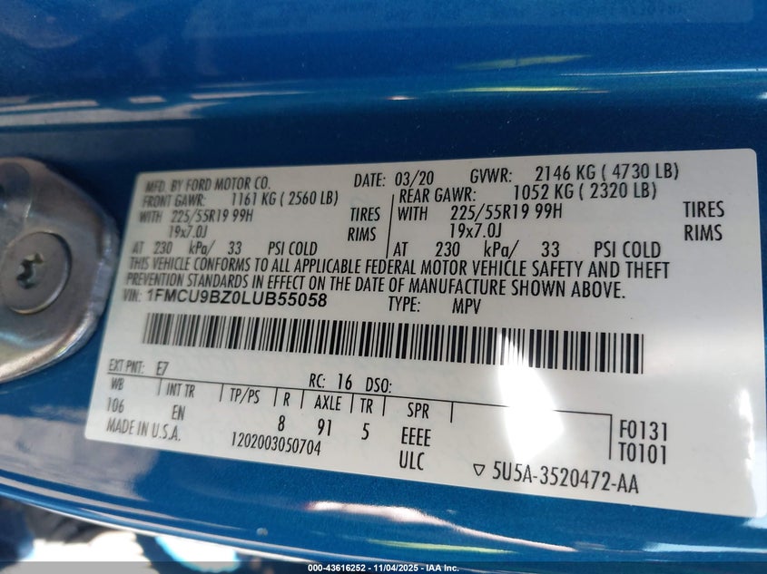 2020 FORD ESCAPE SE SPORT HYBRID 1FMCU9BZ0LUB55058