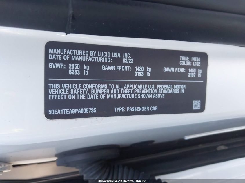 2023 Lucid Air Touring VIN: 50EA1TEA9PA005735 Lot: 43616264
