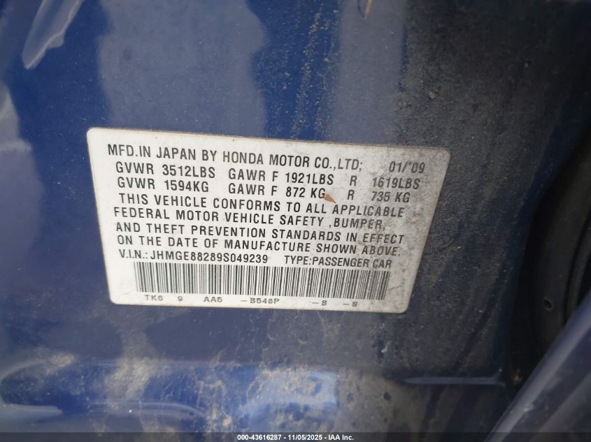 2009 Honda Fit VIN: JHMGE88289S049239 Lot: 43616287