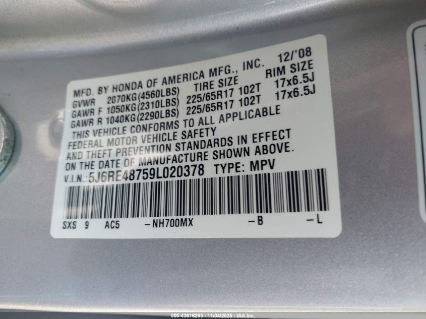 2009 Honda Cr-V Ex-L VIN: 5J6RE48759L020378 Lot: 43616293