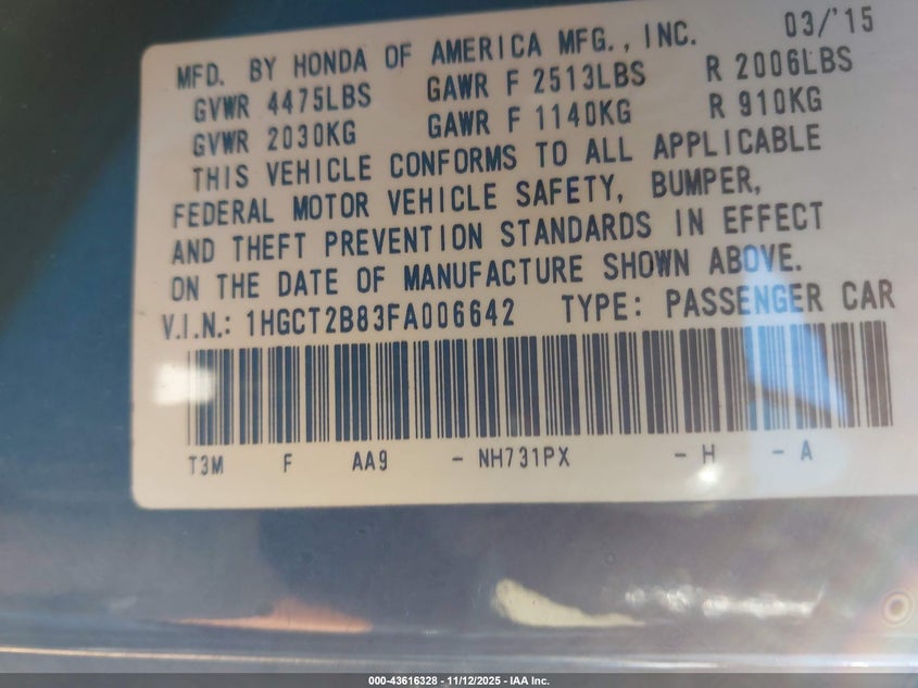 1HGCT2B83FA006642 2015 HONDA ACCORD photo no. 9