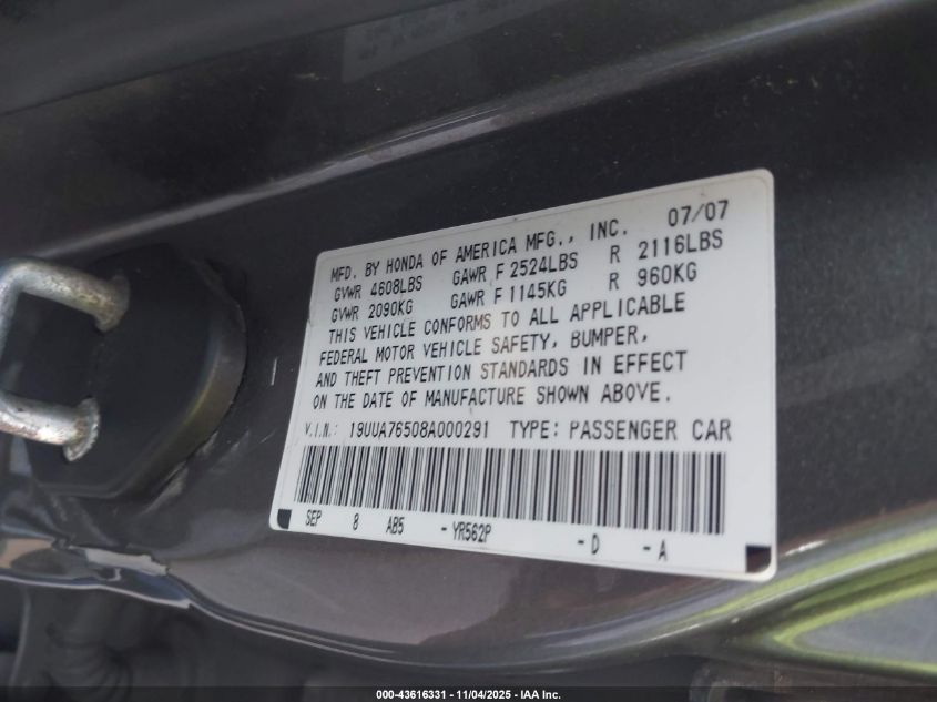 2008 Acura Tl Type S VIN: 19UUA76508A000291 Lot: 43616331