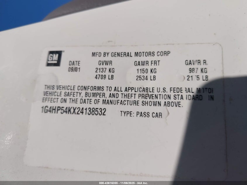 2002 Buick Lesabre Custom VIN: 1G4HP54KX24138532 Lot: 43616355