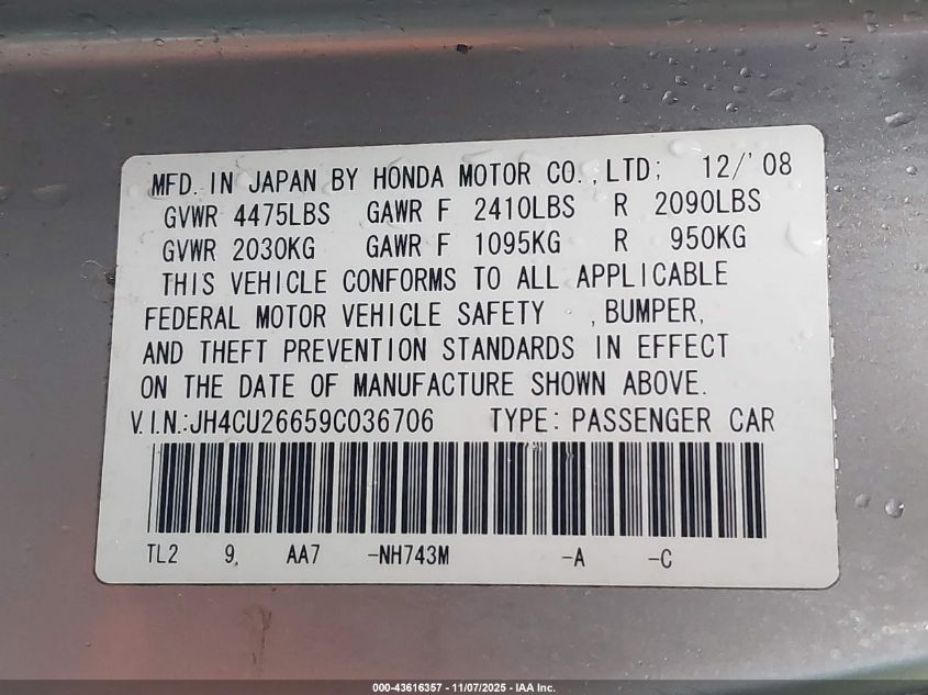 2009 Acura Tsx VIN: JH4CU26659C036706 Lot: 43616357