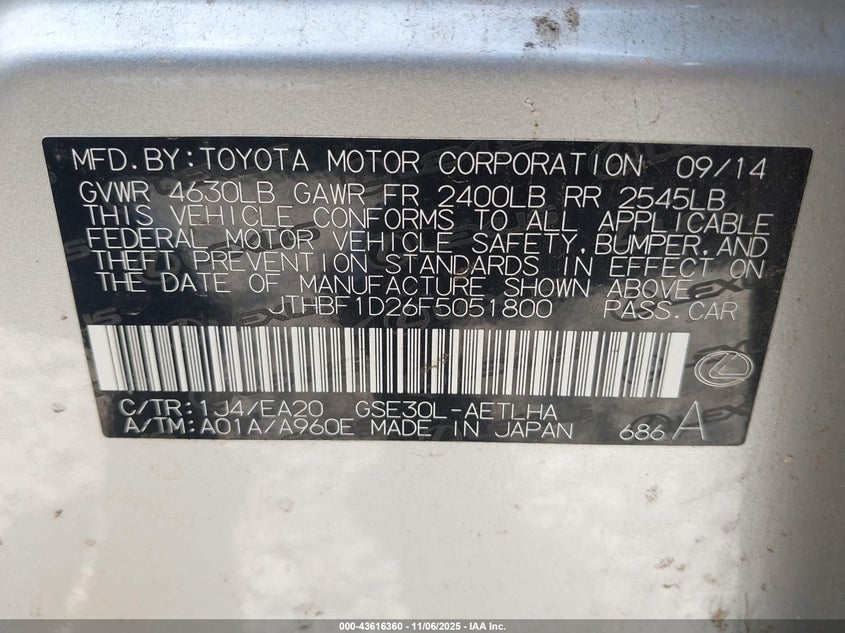 JTHBF1D26F5051800 2015 LEXUS IS photo no. 9