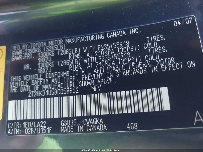 2008 Lexus Rx 350 VIN: 2T2HK31U58C058652 Lot: 43616389