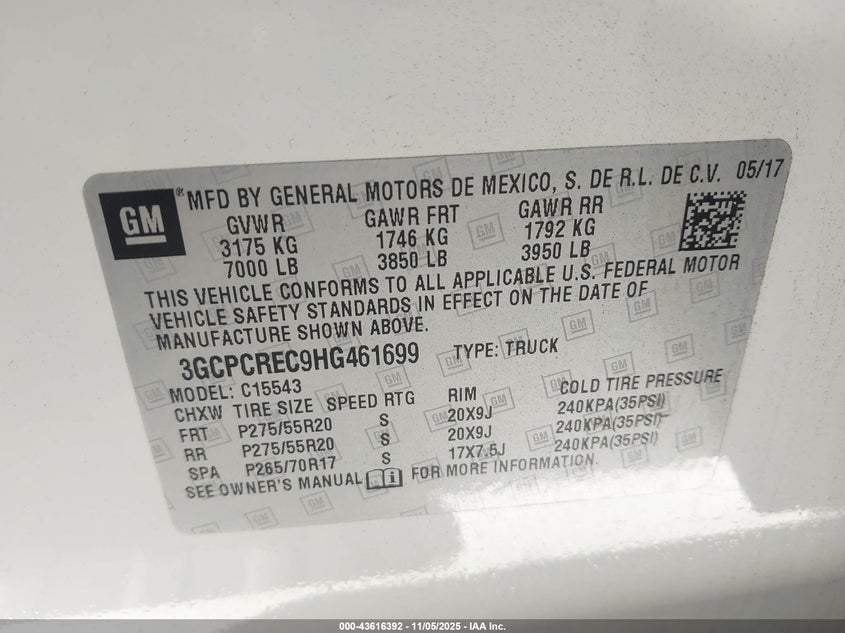 2017 CHEVROLET SILVERADO 1500 1LT 3GCPCREC9HG461699