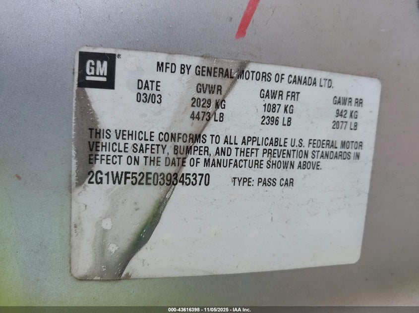 2003 Chevrolet Impala VIN: 2G1WF52E039345370 Lot: 43616398