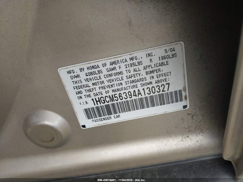 1HGCM56394A130327 2004 HONDA ACCORD photo no. 9