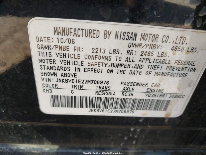 2007 Infiniti G35 Journey VIN: JNKBV61E27M706976 Lot: 43616408