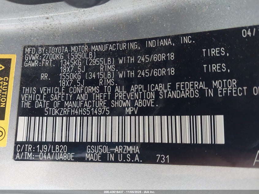 2017 TOYOTA HIGHLANDER XLE 5TDKZRFH4HS514975