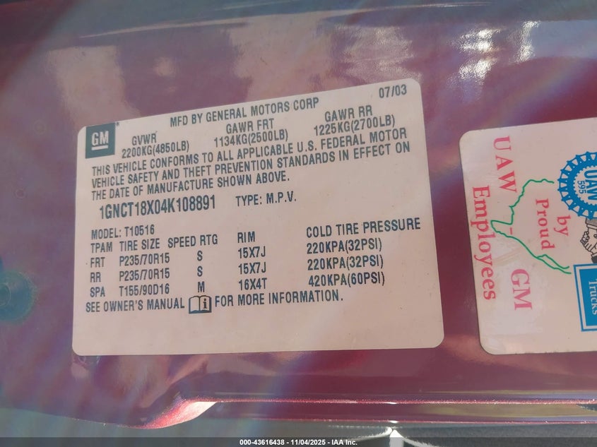 2004 Chevrolet Blazer Ls VIN: 1GNCT18X04K108891 Lot: 43616438