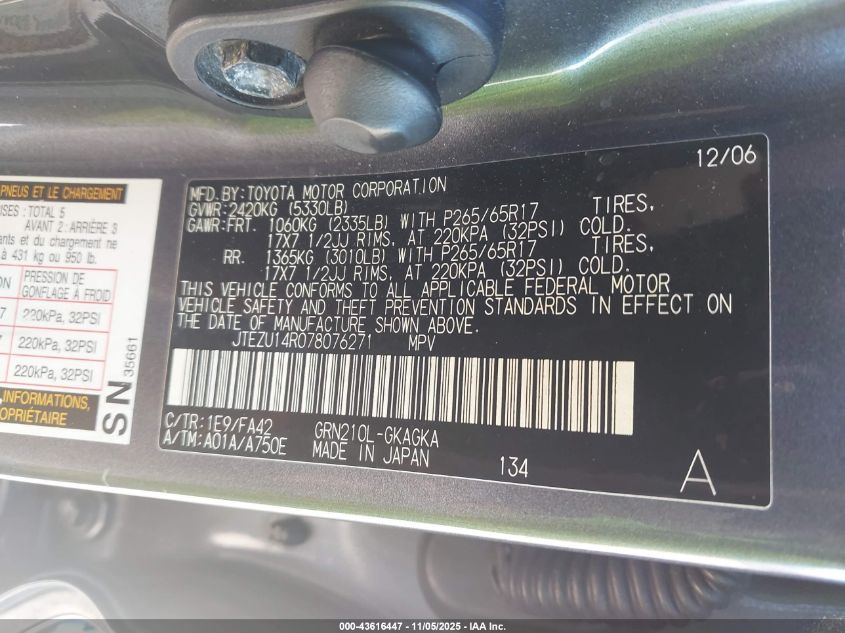 2007 Toyota 4Runner Sr5 V6 VIN: JTEZU14R078076271 Lot: 43616447