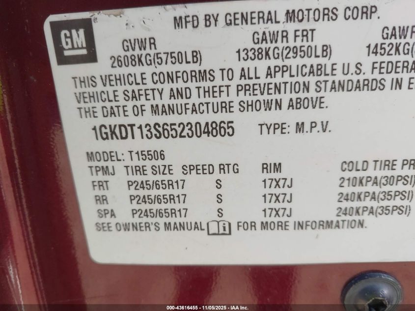 2005 GMC Envoy Sle VIN: 1GKDT13S652304865 Lot: 43616455