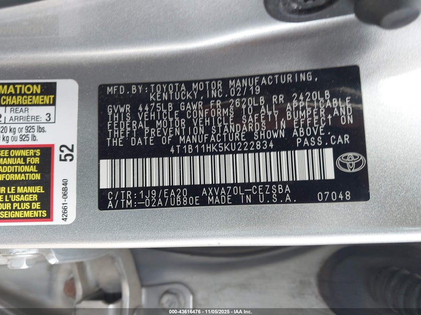 2019 TOYOTA CAMRY SE - 4T1B11HK5KU222834