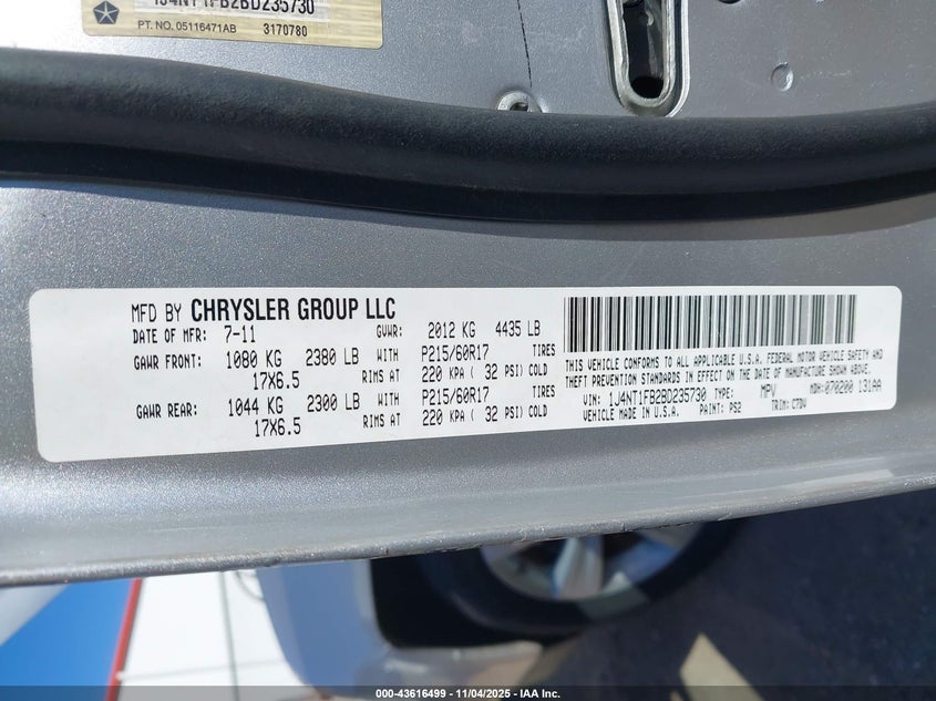 2011 Jeep Compass VIN: 1J4NT1FB2BD235730 Lot: 43616499